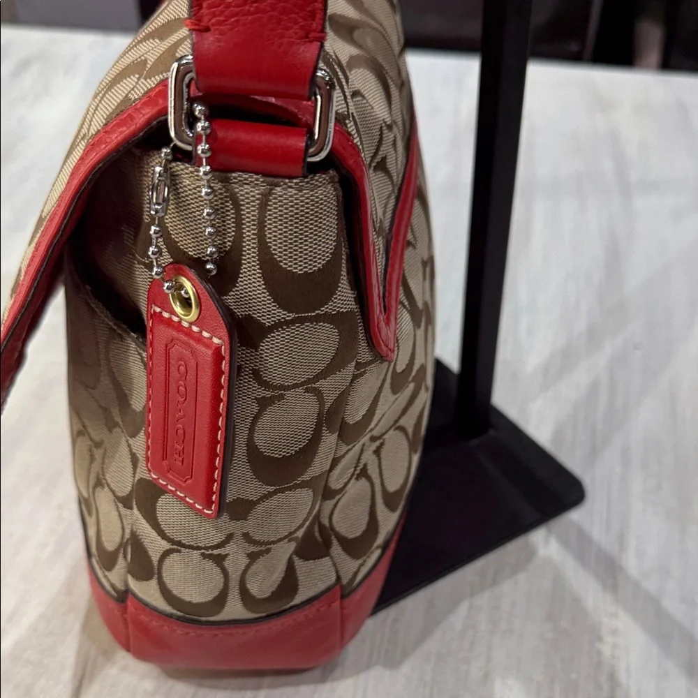 Coach Coral Red and Tan Signature Shoulder Bag